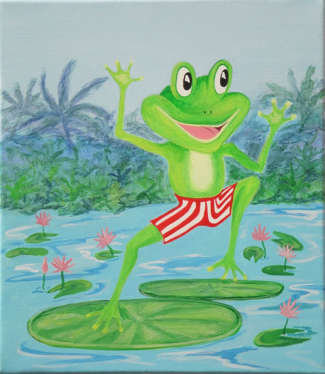 Grüner Frosch in einer weiß-rot gestreiften Badehose
