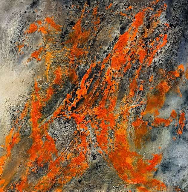 Abstraktes Acrylbild in Rot und Orange mit kraftvollen Bewegungen