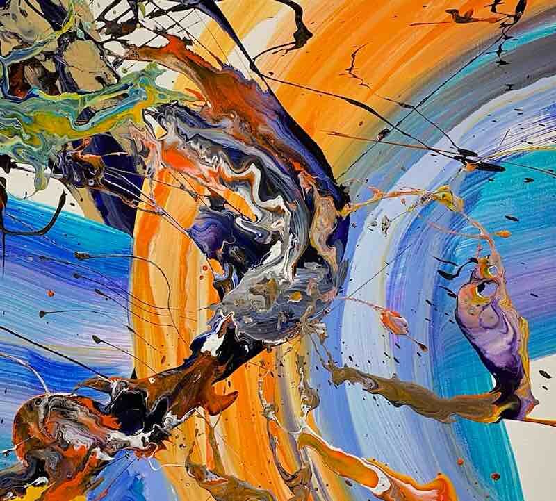 Abstraktes Gemälde ‘Happiness’ in Orange und Blau – Originalkunst von Claudia Botz