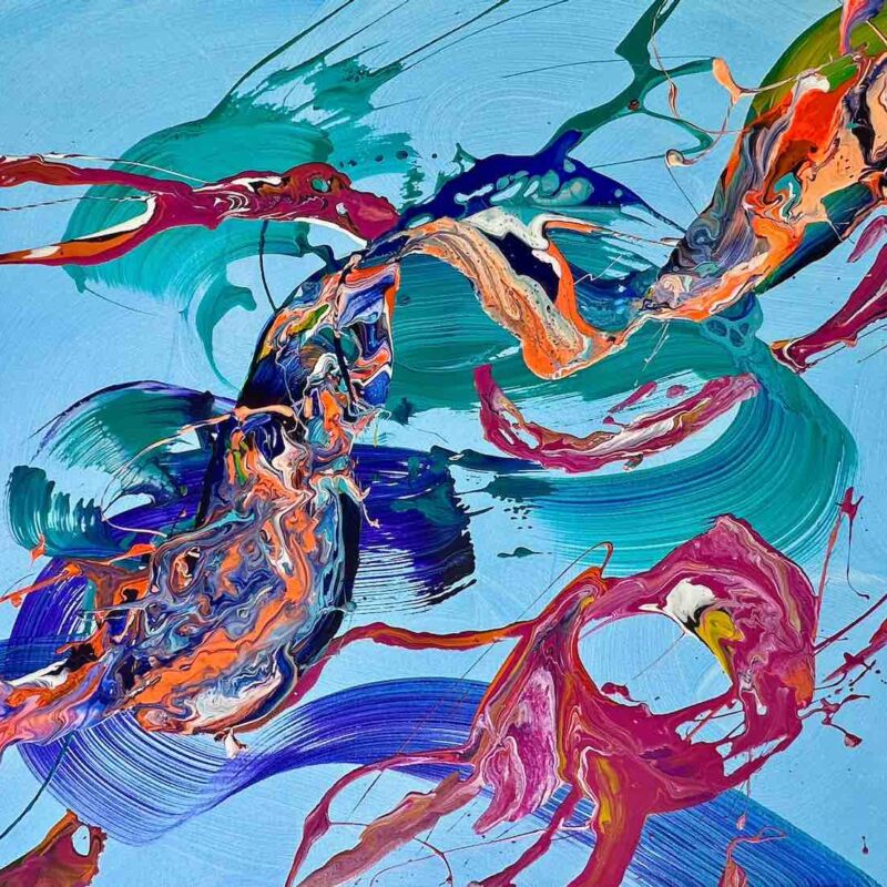 Original abstrakte Kunst mit hellblauen, grünen und violetten Schwüngen – 'Jump' von Claudia Botz