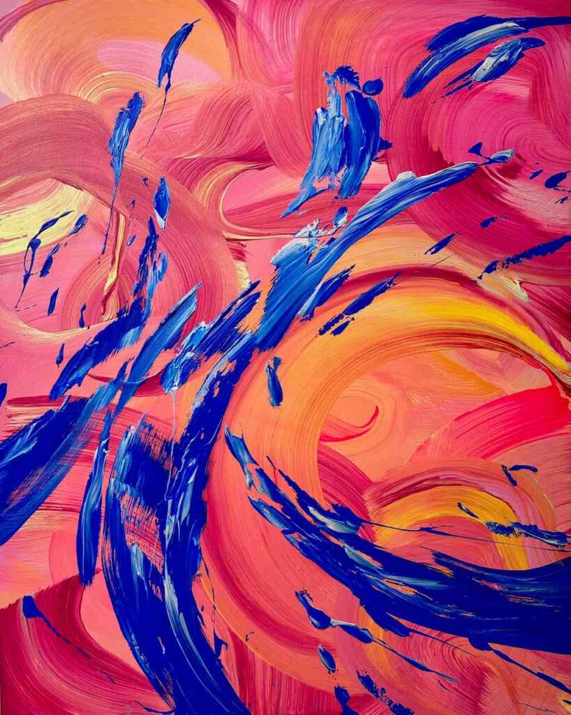Living is Easy’ – Interferenzblau trifft auf lebendige Wellen in Pink, Orange und Gold