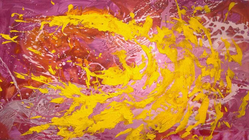 Abstraktes Gemälde „Summer Splash“ – lebendige Farbspritzer in Gelb, Blau und Türkis