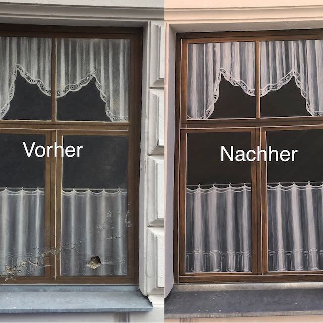 Zugemauerte Fensternische vor und nach der Wandmalerei